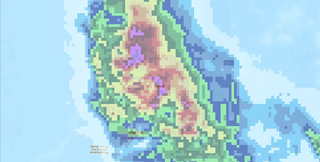 GPM IMERG accumulated precipitation from Typhoon Sinlaku over Guam and Saipan, April 2026