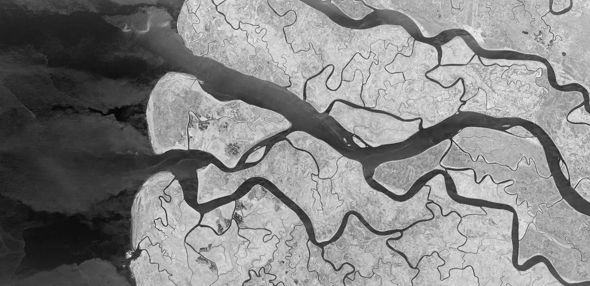 ICEYE synthetic aperture radar image of a frozen river system, February 2026