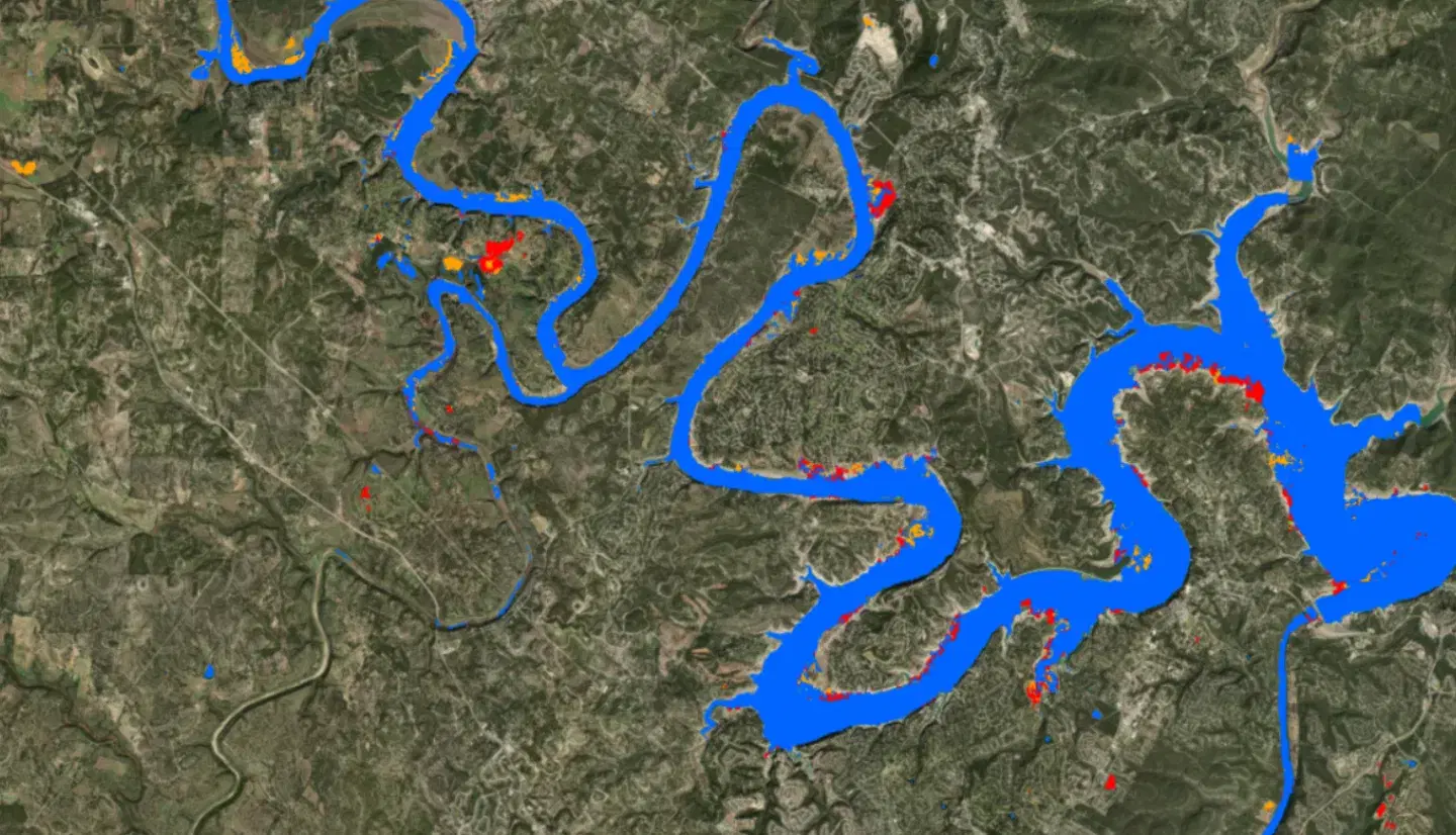 UAVSAR quicklook flood classification over Tampa Bay, Florida collected October 14, 2024, with open water in blue, land in grey, and detected flooding in cyan