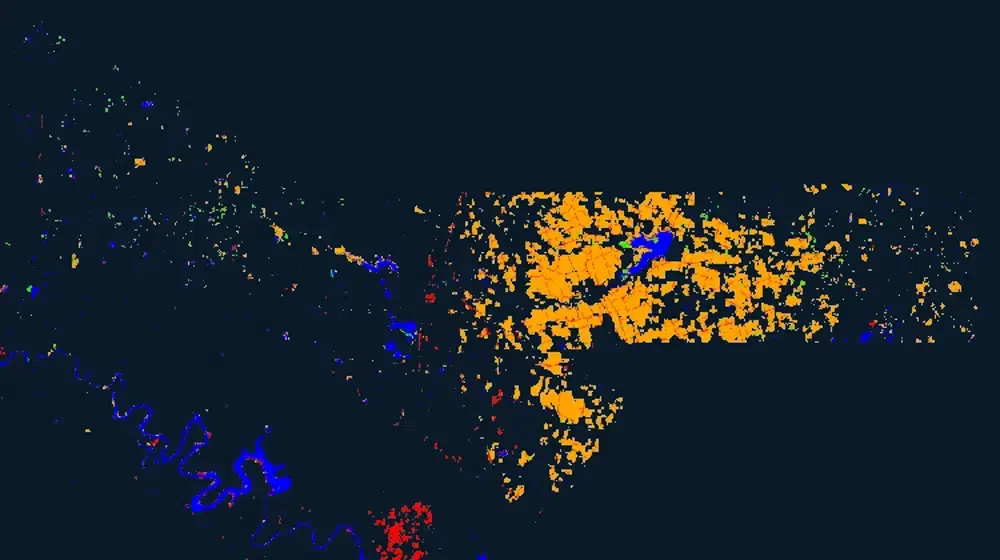 UAVSAR U-Net flood classification over central Texas from July 2025, shown here in the color rendering while the grayscale source imagery is unavailable