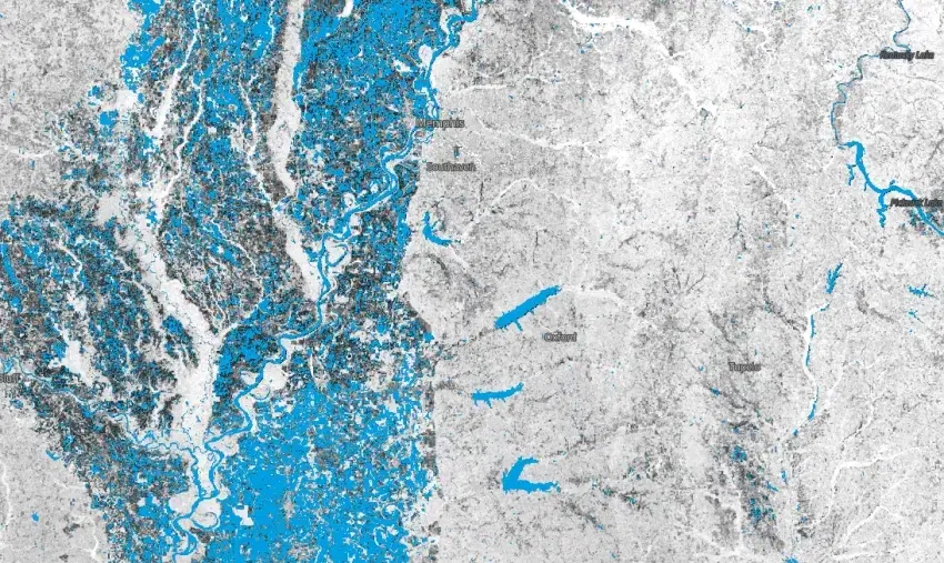 Satellite map of surface water extents in the central U.S., with water shown in blue and land in white