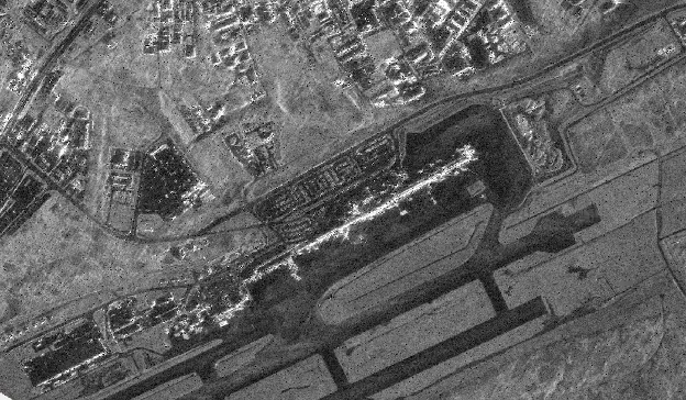 Radar backscatter image of Antonio B Won Pat International Airport in Guam, captured by satellites on April 14, 2026