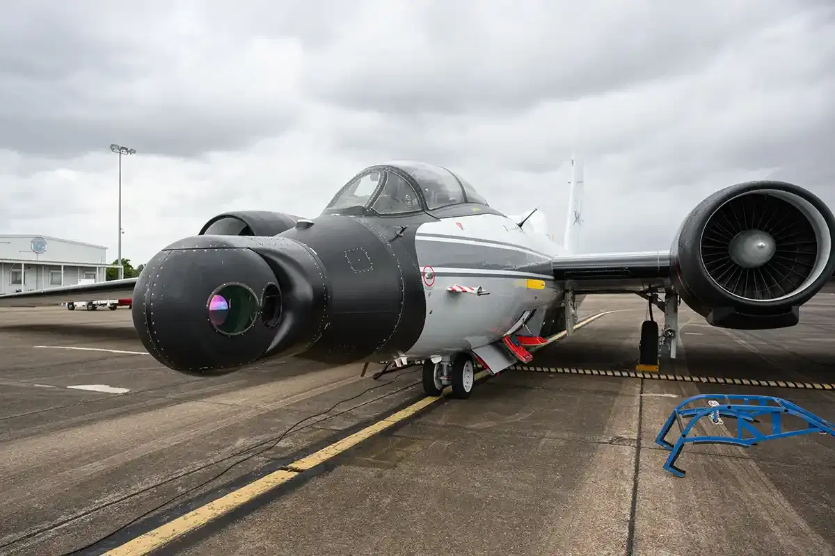 NASA's high-altitude WB-57 aircraft departed July 8, 2025, from Ellington Field in Houston, TX. The DyNAMITE instrument is seen here affixed to its nose. Credit: NASA