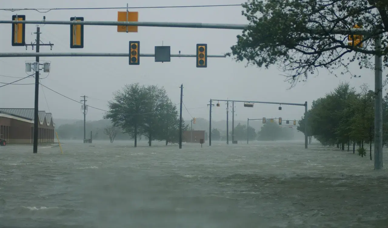 Floodwater covers a road intersection up to the curbside traffic signals during a storm.