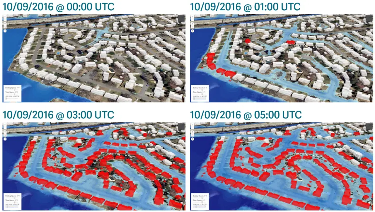 Four 3D views of the same Virginia Beach neighborhood at 00:00, 01:00, 03:00 and 05:00 UTC on October 9, 2016, with modeled floodwater spreading through the streets and the buildings it reaches shaded red.