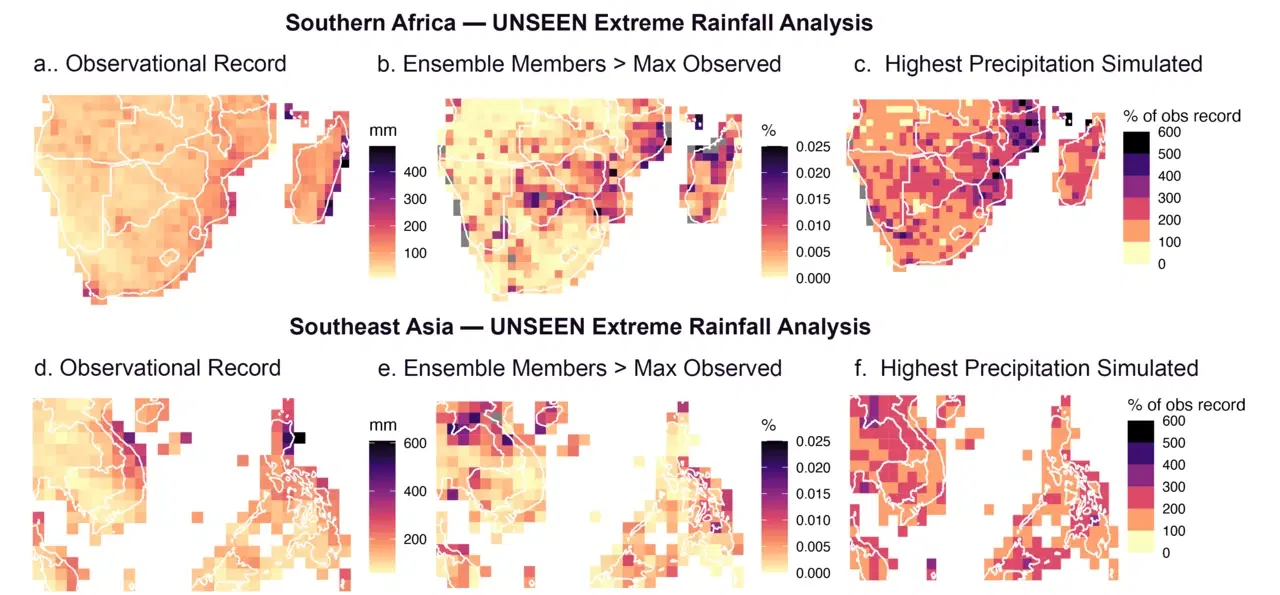 Six paneled maps of Southern Africa and Southeast Asia comparing observed extreme one-day rainfall with UNSEEN simulated rainfall, showing where simulations exceed the observational record.