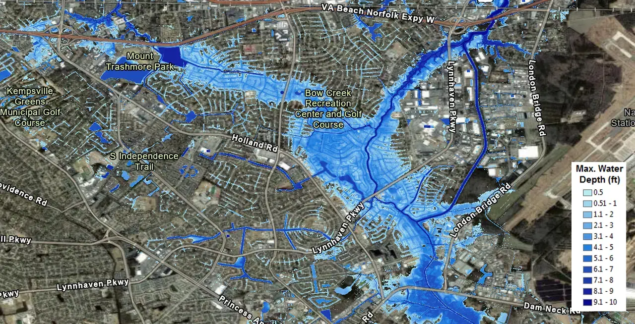 Map of central Virginia Beach shading modeled maximum flood depth during Hurricane Matthew, with floodwater following storm drainage channels through neighborhoods and a legend grading water depth from half a foot to ten feet.