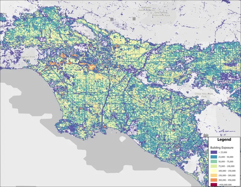 Los Angeles building exposure map showing building risk data across the city
