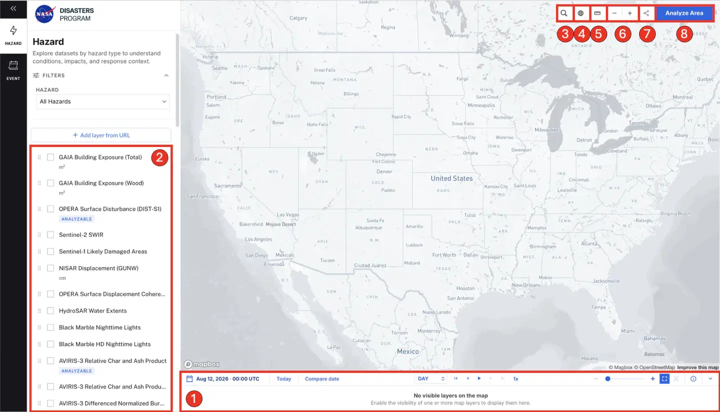 The Custom Visualization Tool with eight red outlines, each numbered to match the component list above: 1 around the timeline along the bottom, 2 around the data overlay list in the left pane, and 3 to 8 around the search, basemap, ruler, zoom, share and Analyze Area controls above the top right of the map.