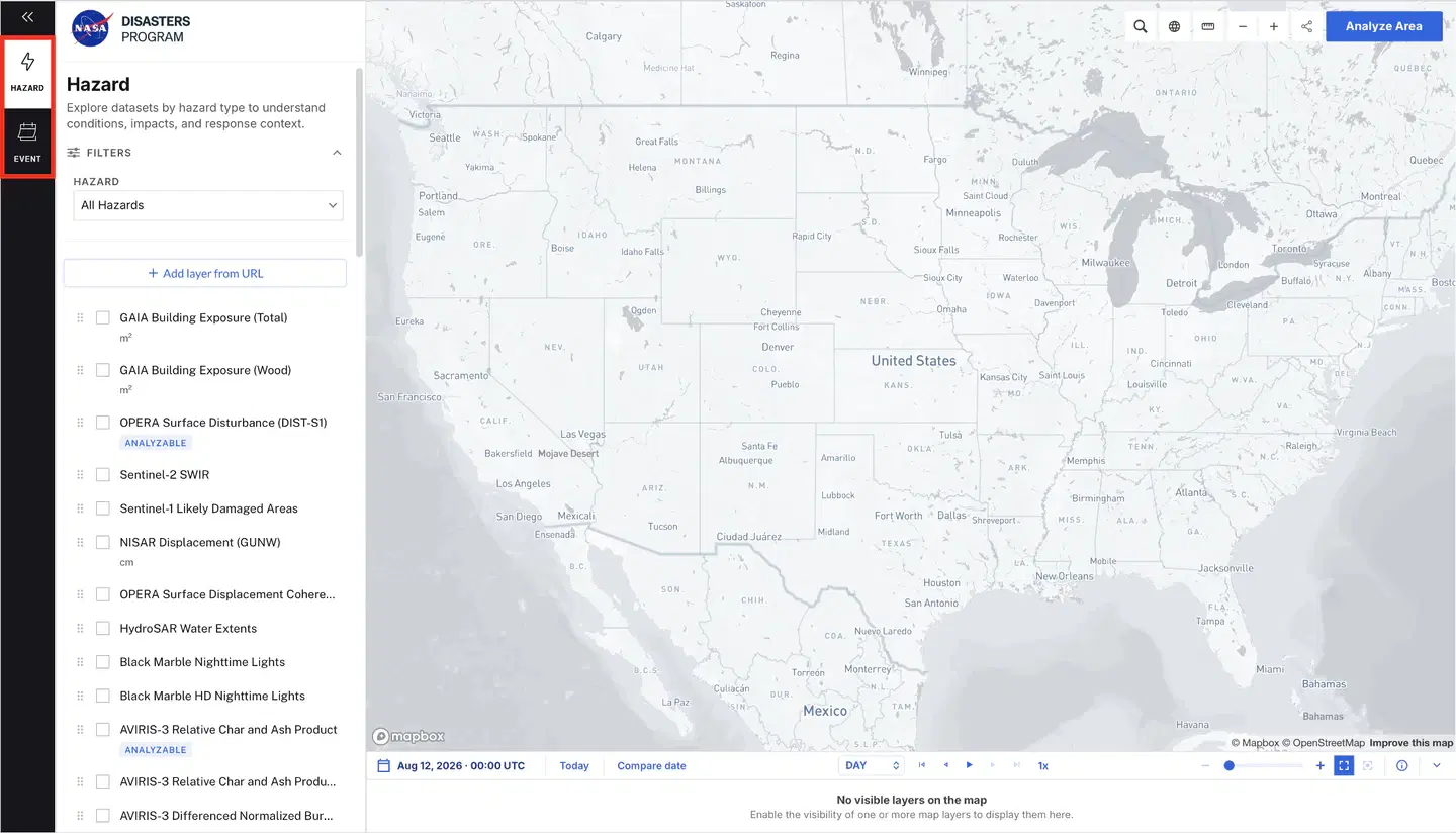 The Custom Visualization Tool default view. A red outline marks the Hazard and Event icons stacked in the far-left navigation rail, beside the Hazard filter and data overlay list and a map of the United States.