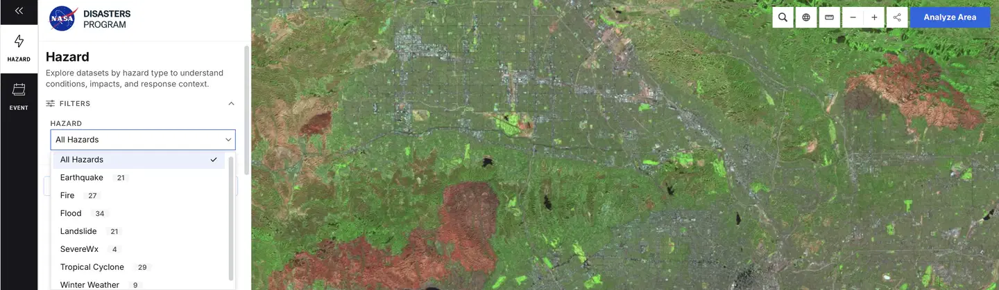 The Hazard filter open in the left navigation pane, listing All Hazards, Earthquake, Fire, Flood, Landslide, SevereWx, Tropical Cyclone and Winter Weather with their dataset counts, over false-color satellite imagery.