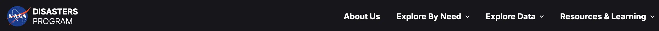The PORTAL top navigation bar: the NASA Disasters Program logo on the left, then About Us, Explore By Need, Explore Data, and Resources & Learning.