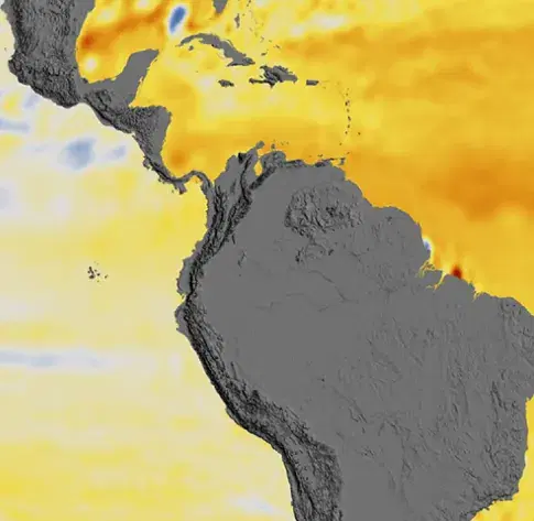 Map of sea surface height anomalies across the Americas and the Atlantic, with higher anomalies in orange and lower in blue.