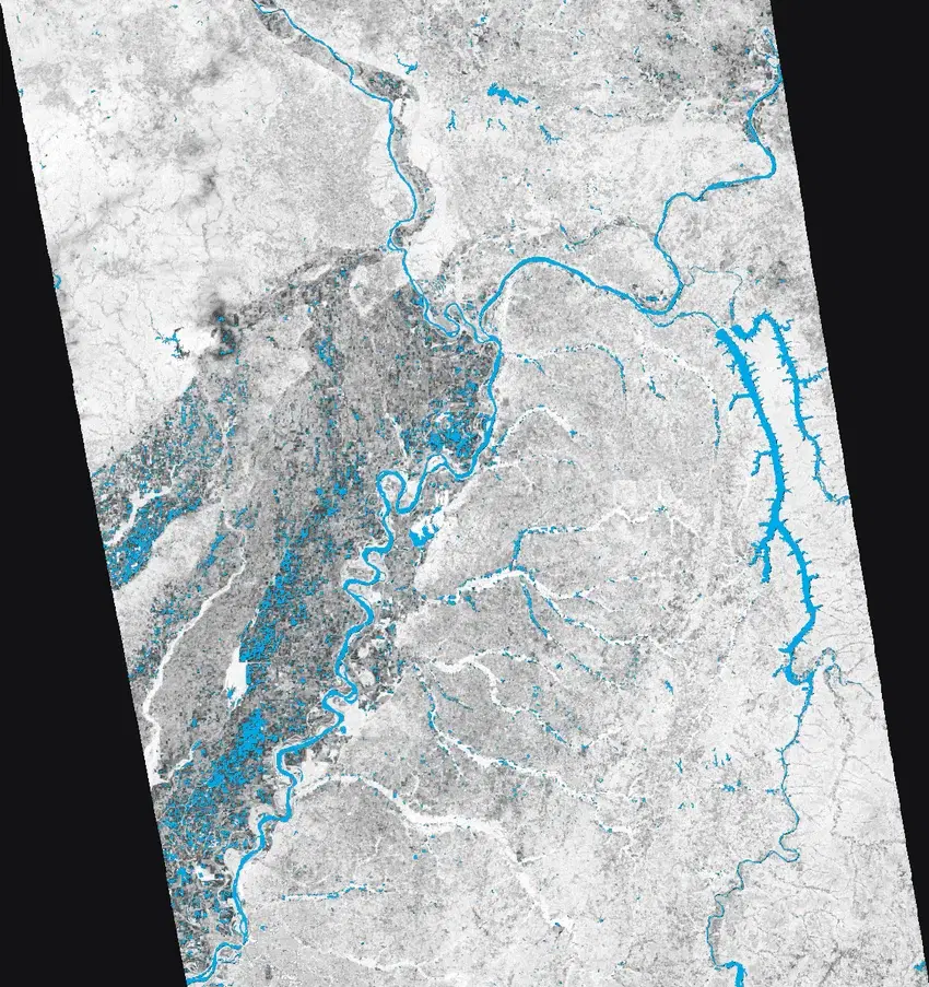 HydroSAR surface water extents in blue over grayscale Sentinel-1 VH radar imagery of the Mississippi and Ohio river valleys, with flooding spread across tributaries and low-lying farmland