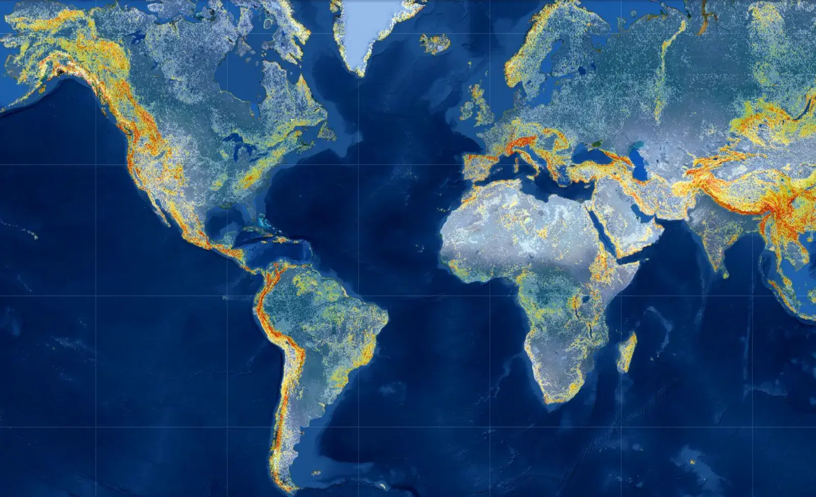 Global map of landslide hazard from NASA's LHASA model, with red and yellow along mountain ranges and dark blue elsewhere