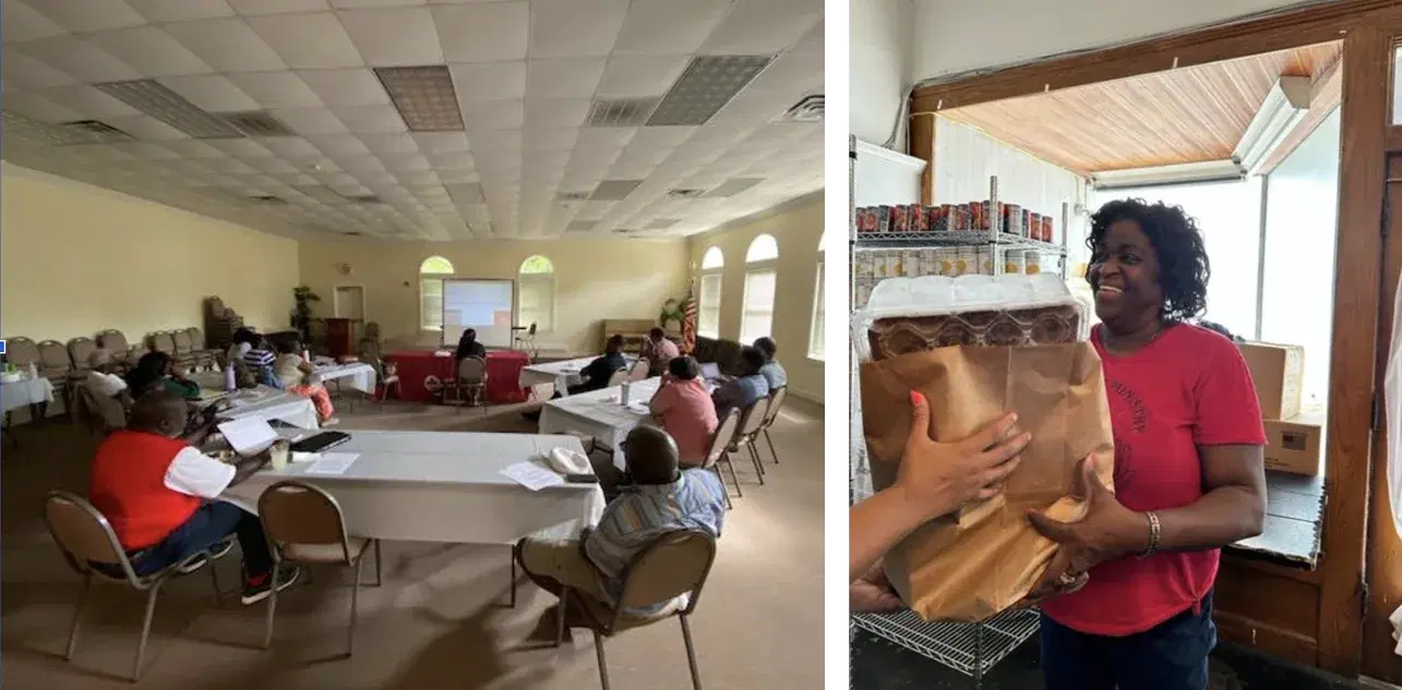 Left: community members seated around tables in a meeting room take part in a disaster scenario exercise. Right: a smiling woman holds a paper grocery bag while distributing food from a pantry.