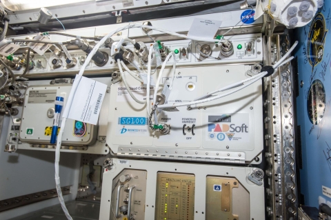 Seen here aboard the International Space Station (ISS), the SG100 Cloud Computing Payload is mounted inside the Kibo Japanese Pressurized Module (JPM).
