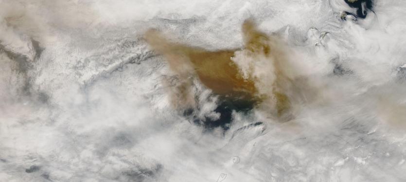 Ash plume from Sarychev Peak, Kuril Islands, as imaged by the Moderate Resolution Imaging Spectroradiometer (MODIS) sensors on NASA’s Terra satellite on June 14, 2009.