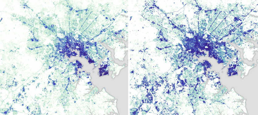 A map highlighting the increase in impervious area in the Greater Baltimore Area between 1984 and 2010.