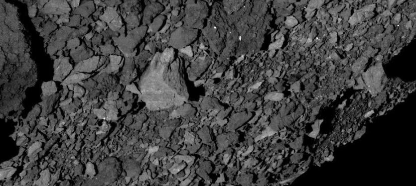 The view across asteroid Bennu’s southern hemisphere and into space, demonstrating the number and distribution of boulders across Bennu’s surface.