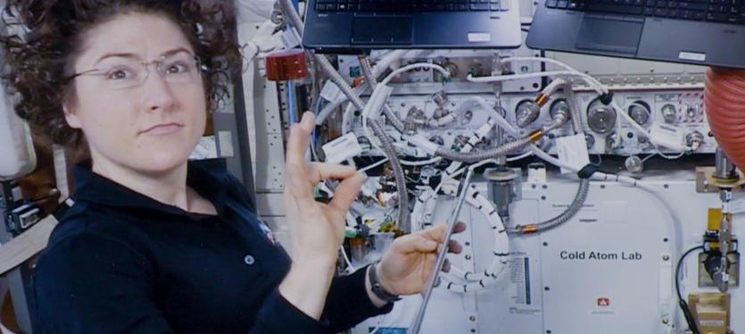 Astronaut Christina Koch assists with a hardware upgrade for NASA's Cold Atom Lab aboard the International Space Station in January 2020.