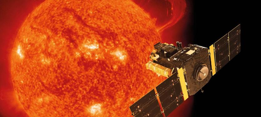 Artist's impression of the SOHO spacecraft approaching the Sun.