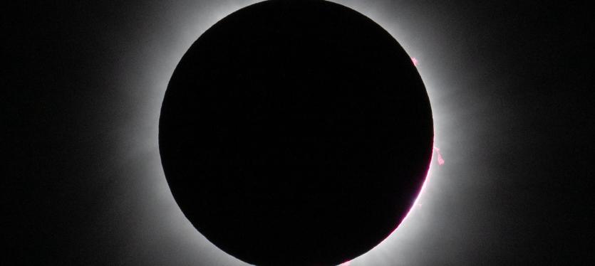 The 2024 total solar eclipse with pink solar prominences visible on the edge of the disk.