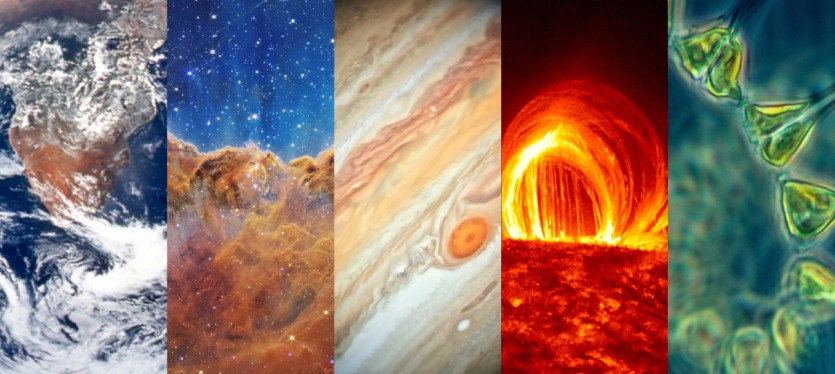 Image snippets showing Earth, the Carina nebula, Jupiter, the surface of the Sun, and a cell.