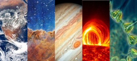 Image snippets showing Earth, the Carina nebula, Jupiter, the surface of the Sun, and a cell.
