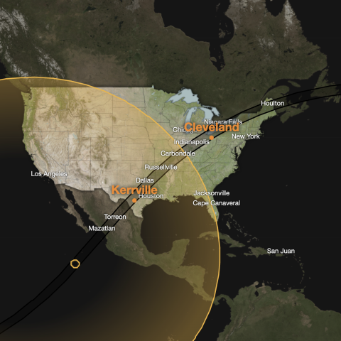 An image from the Eclipse Explorer website showing the path of the 2024 eclipse over the United States. The cities shown in the path of totality include Mazatlan, Torreon, Kerrville, Dallas, Russelville, Carbondale, Indianapolis, Cleveland, Niagara Falls, and Houlton. A few of the cities that experienced the partial eclipse are also shown on the map: Honolulu, Houston, Chicago, New York, Jacksonville, Cape Canaveral, and San Juan.