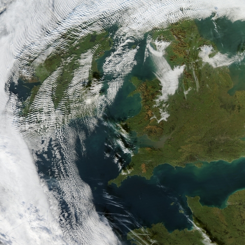 Sweeping across Scotland and Ireland, the clouds form a series of ripples that look just like waves hitting the shoreline.