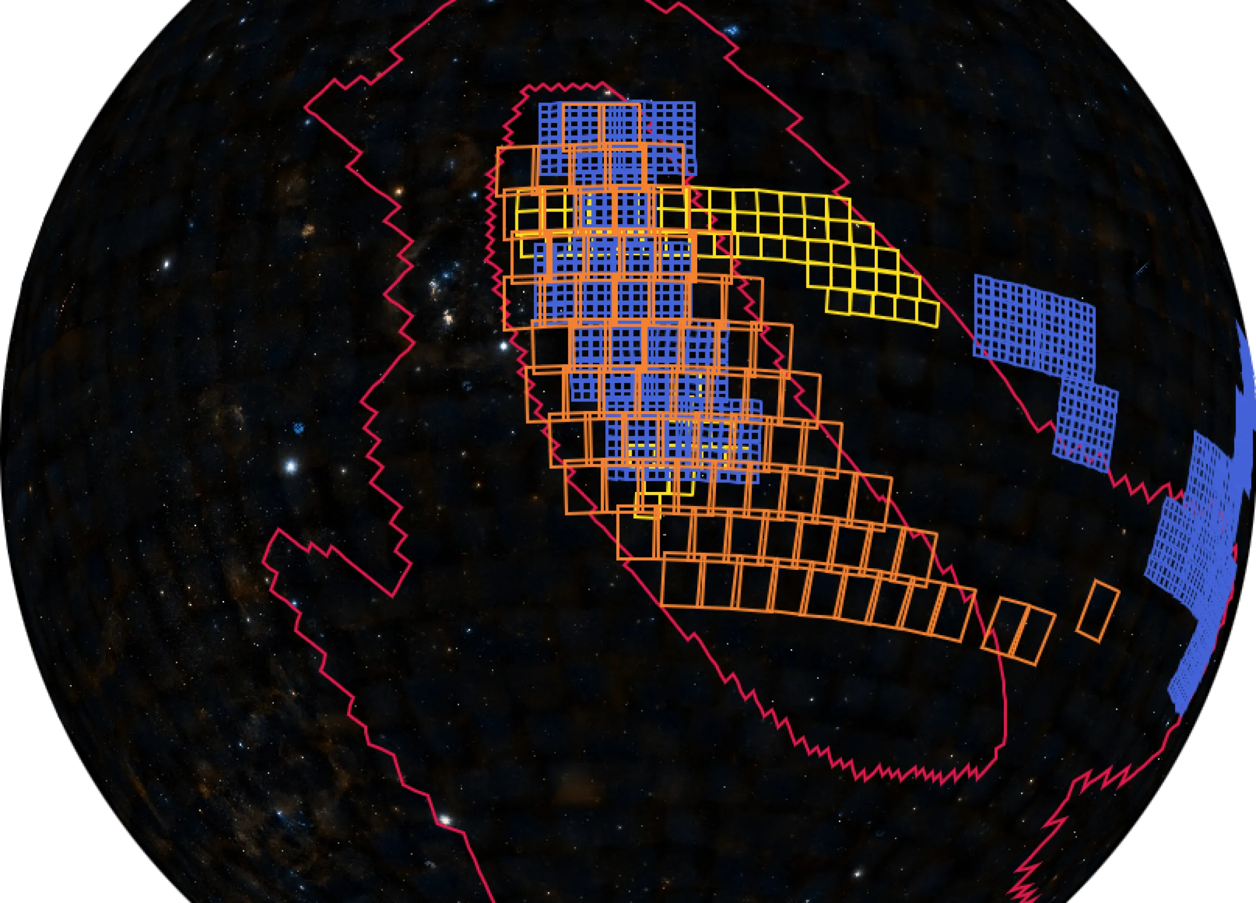 A visualization of the night sky with observation areas mapped out in colored squares.