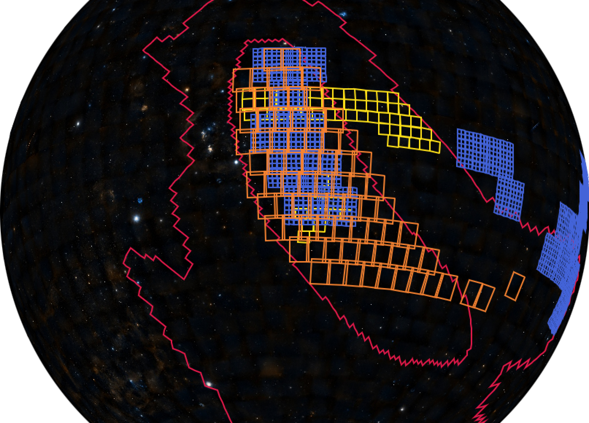 A visualization of the night sky with observation areas mapped out in colored squares.