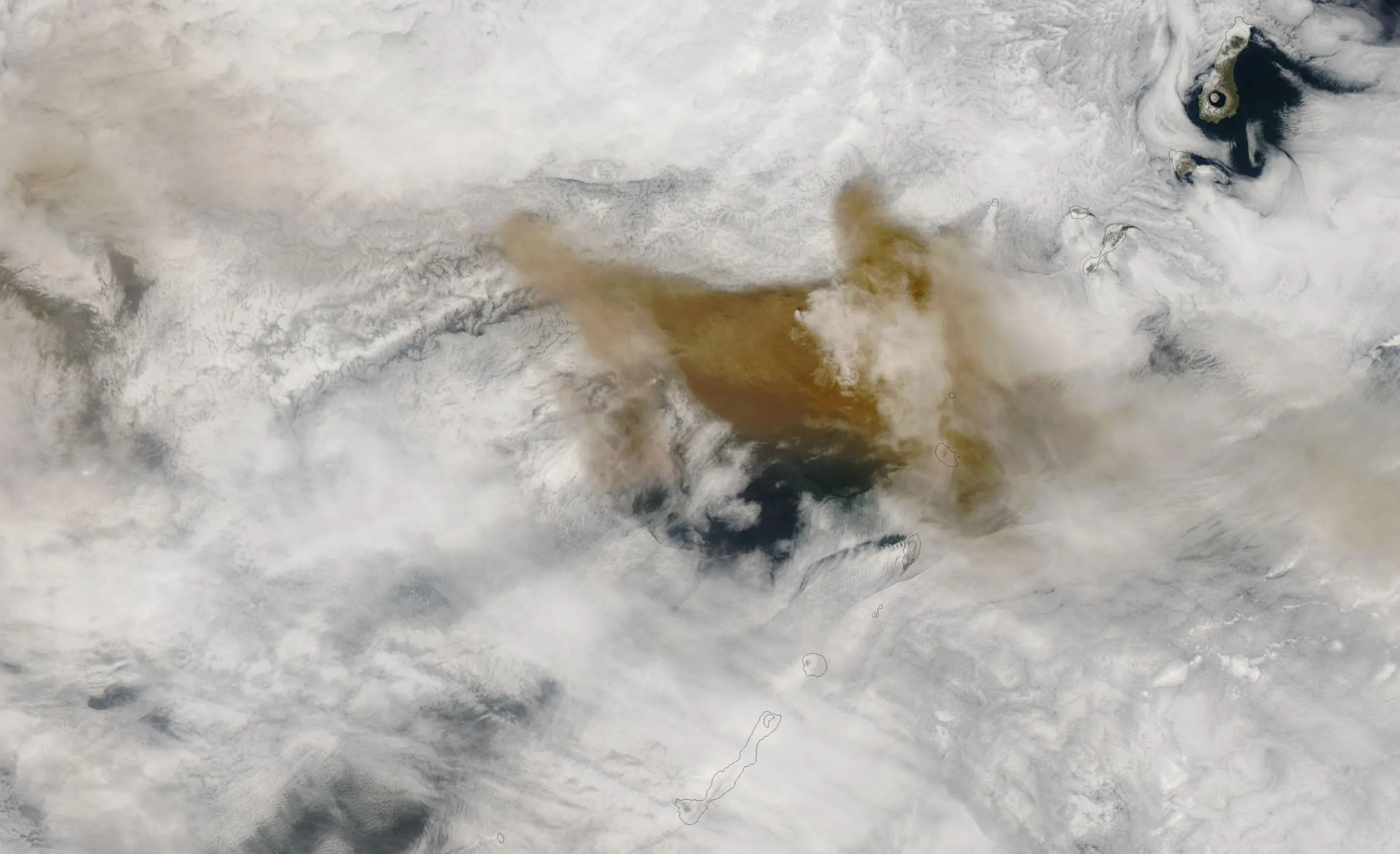 Ash plume from Sarychev Peak, Kuril Islands, as imaged by the Moderate Resolution Imaging Spectroradiometer (MODIS) sensors on NASA’s Terra satellite on June 14, 2009.