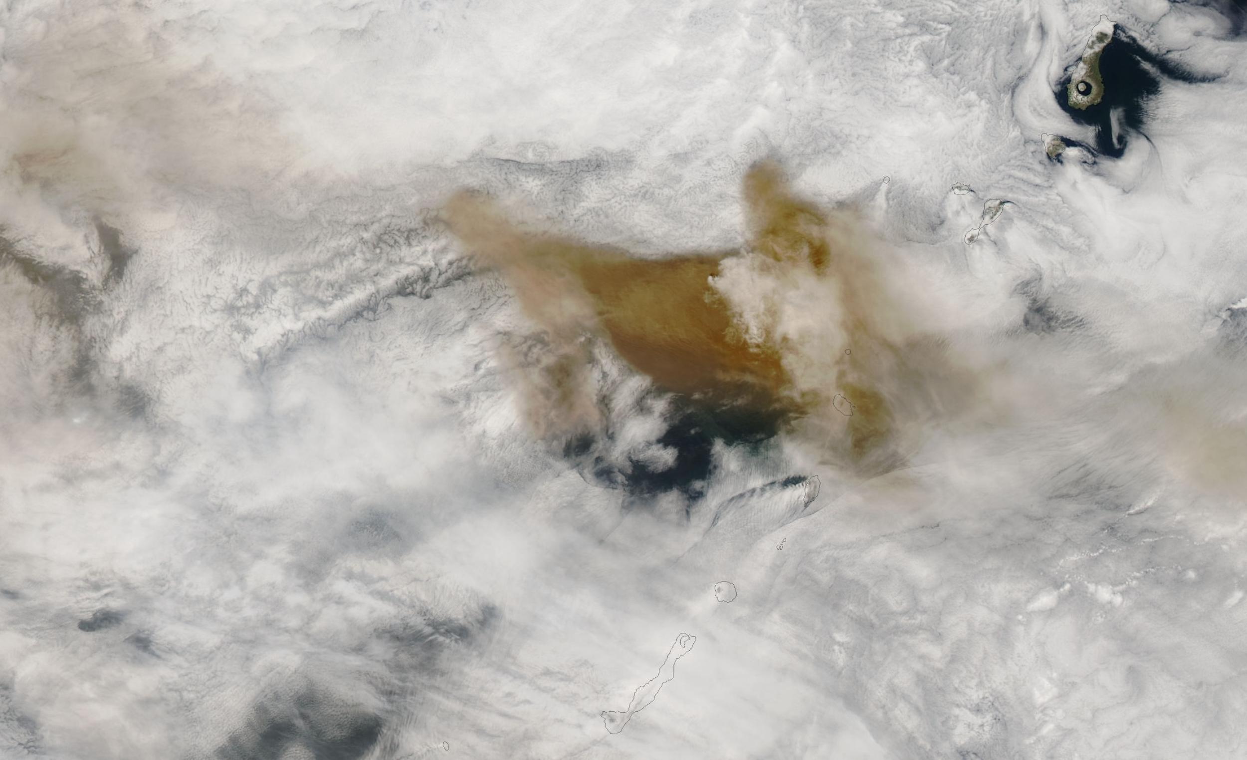 Ash plume from Sarychev Peak, Kuril Islands, as imaged by the Moderate Resolution Imaging Spectroradiometer (MODIS) sensors on NASA’s Terra satellite on June 14, 2009.