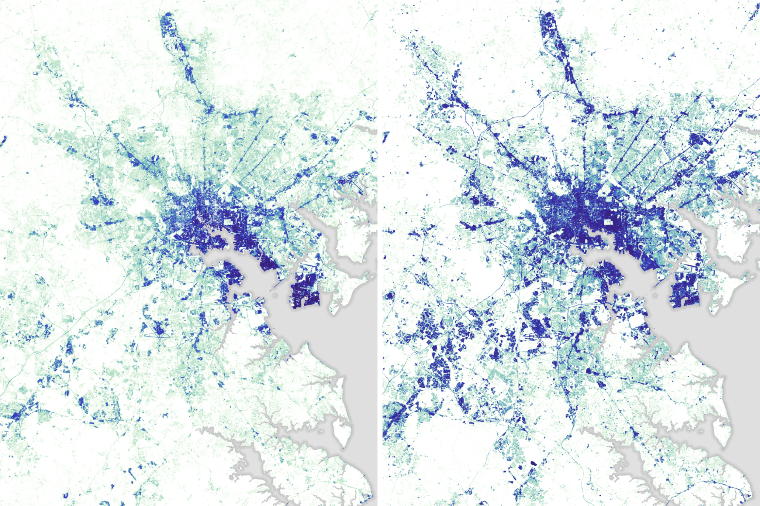 A map highlighting the increase in impervious area in the Greater Baltimore Area between 1984 and 2010.