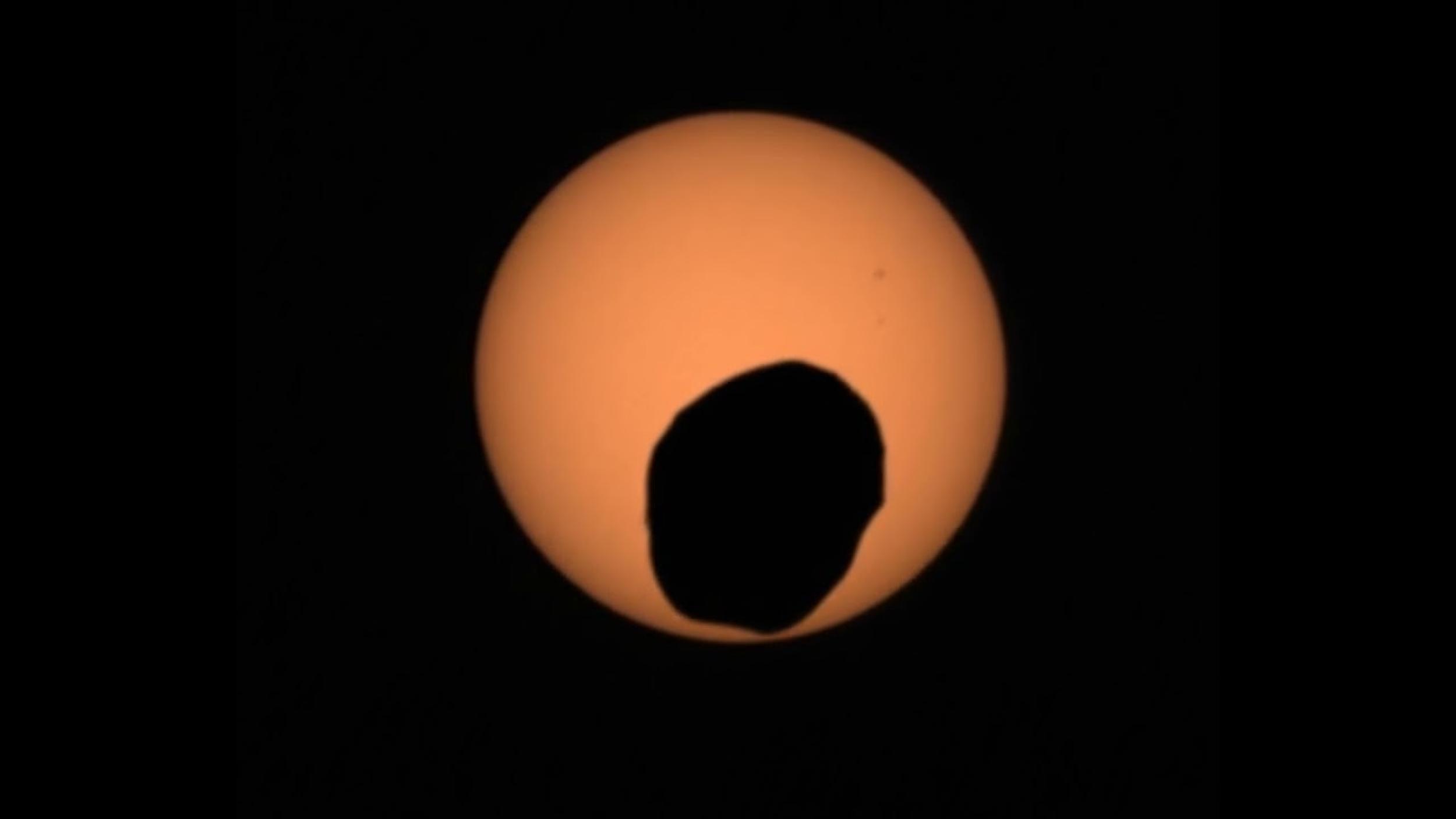 Eclipse of Mars's moon Phobos over the Sun, captured by the Perseverance rover.