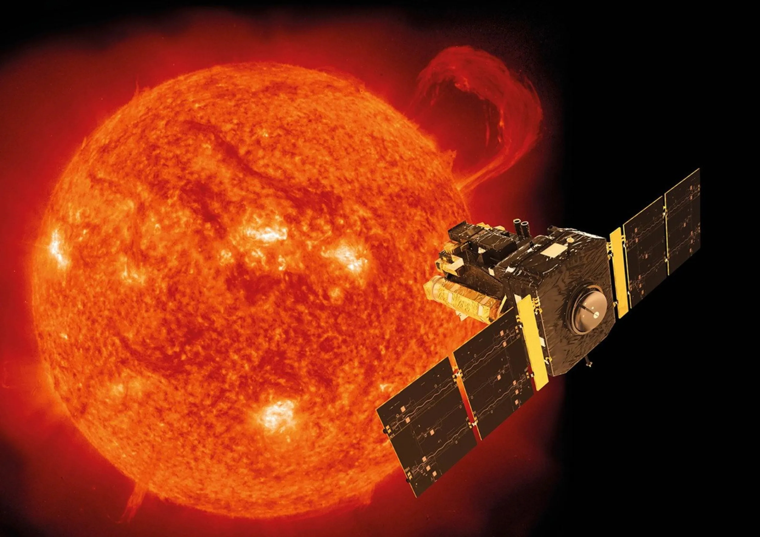 Artist's impression of the SOHO spacecraft approaching the Sun.