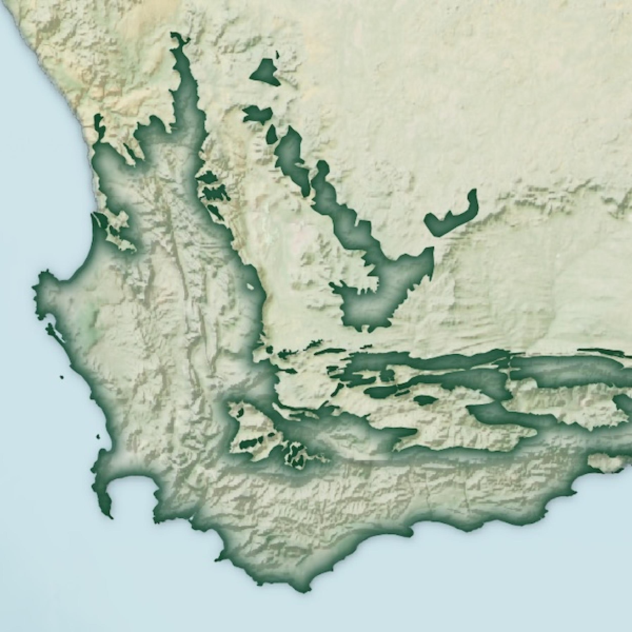 The Greater Cape Floristic Region, where the BioSCape field work took place, is outlined in dark green in this map of the southwestern tip of South Africa.