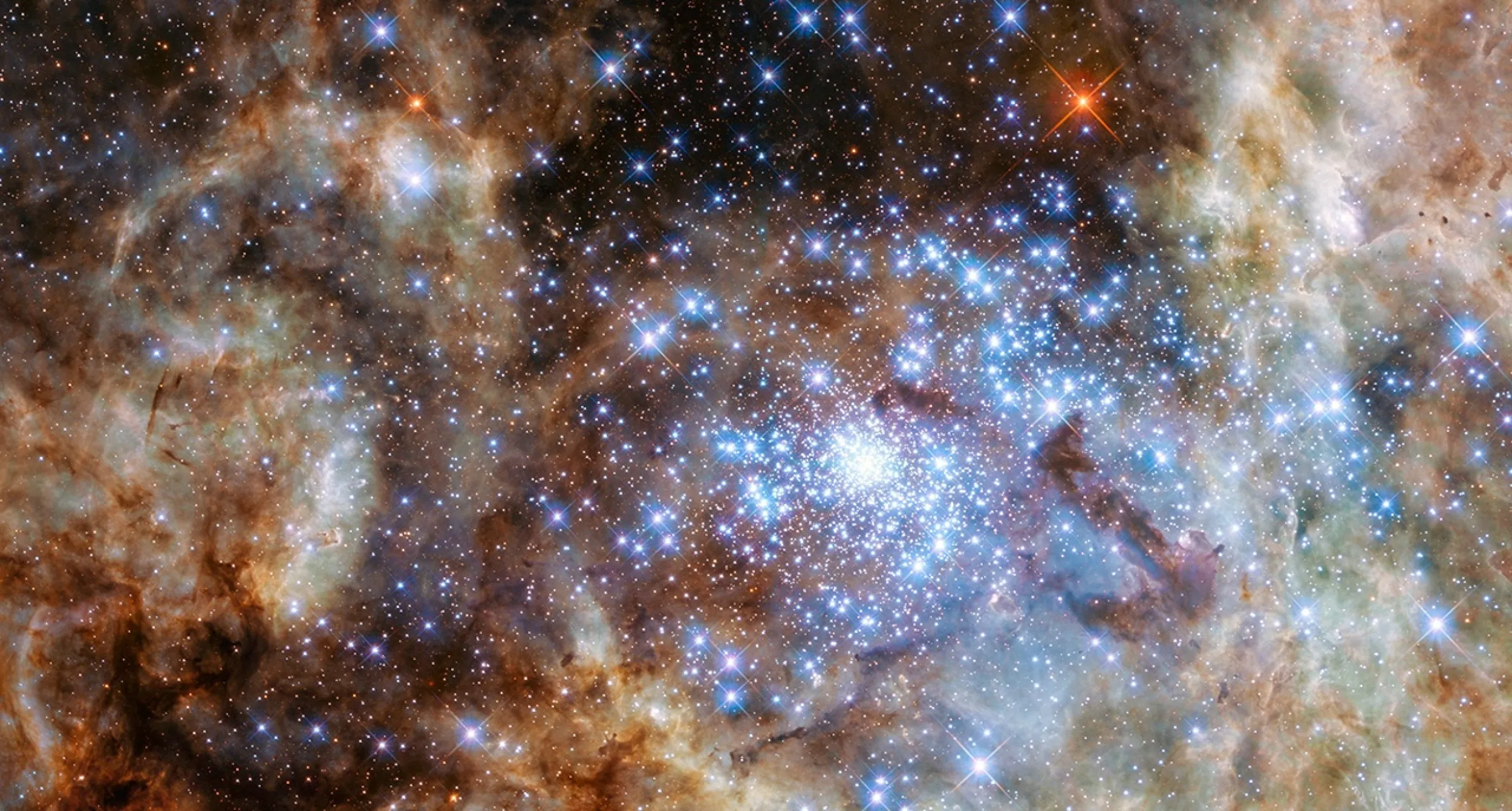The star cluster R136 -- a dense collection of bright blue stars -- as imaged by NASA's Hubble Space Telescope.