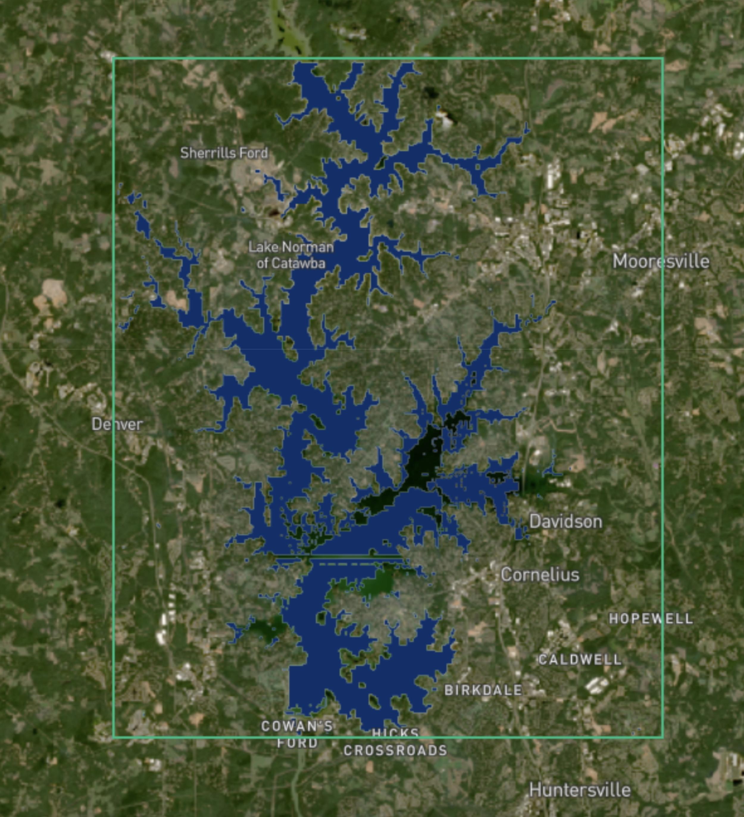Flood mapping from the Prithvi-EO artificial intelligence model, with a blue outline representing surface water extent.