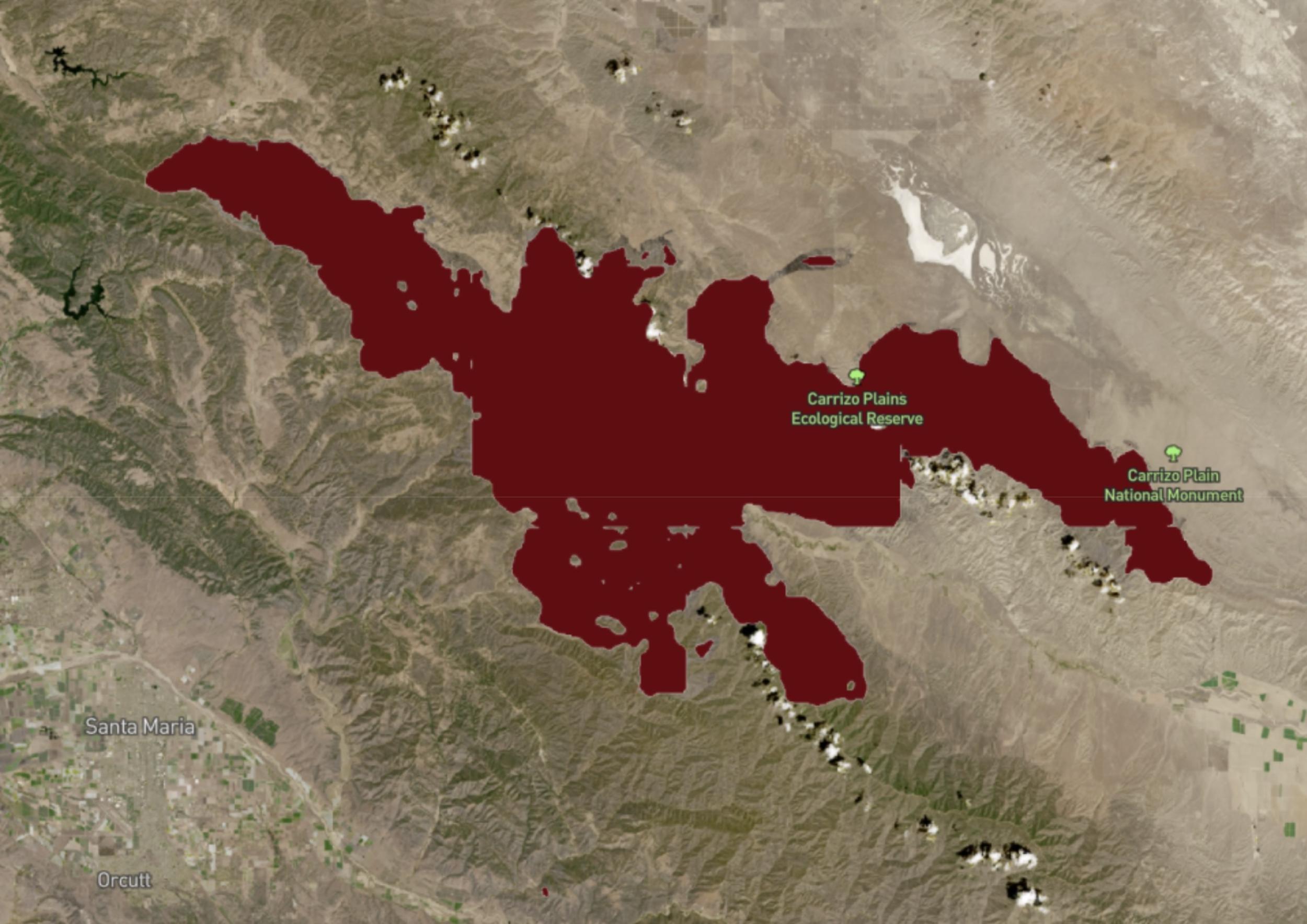 A map of a burn scar northwest of Los Angeles, generated by the Prithvi-EO artificial intelligence model. A red patch represents the burn scar.