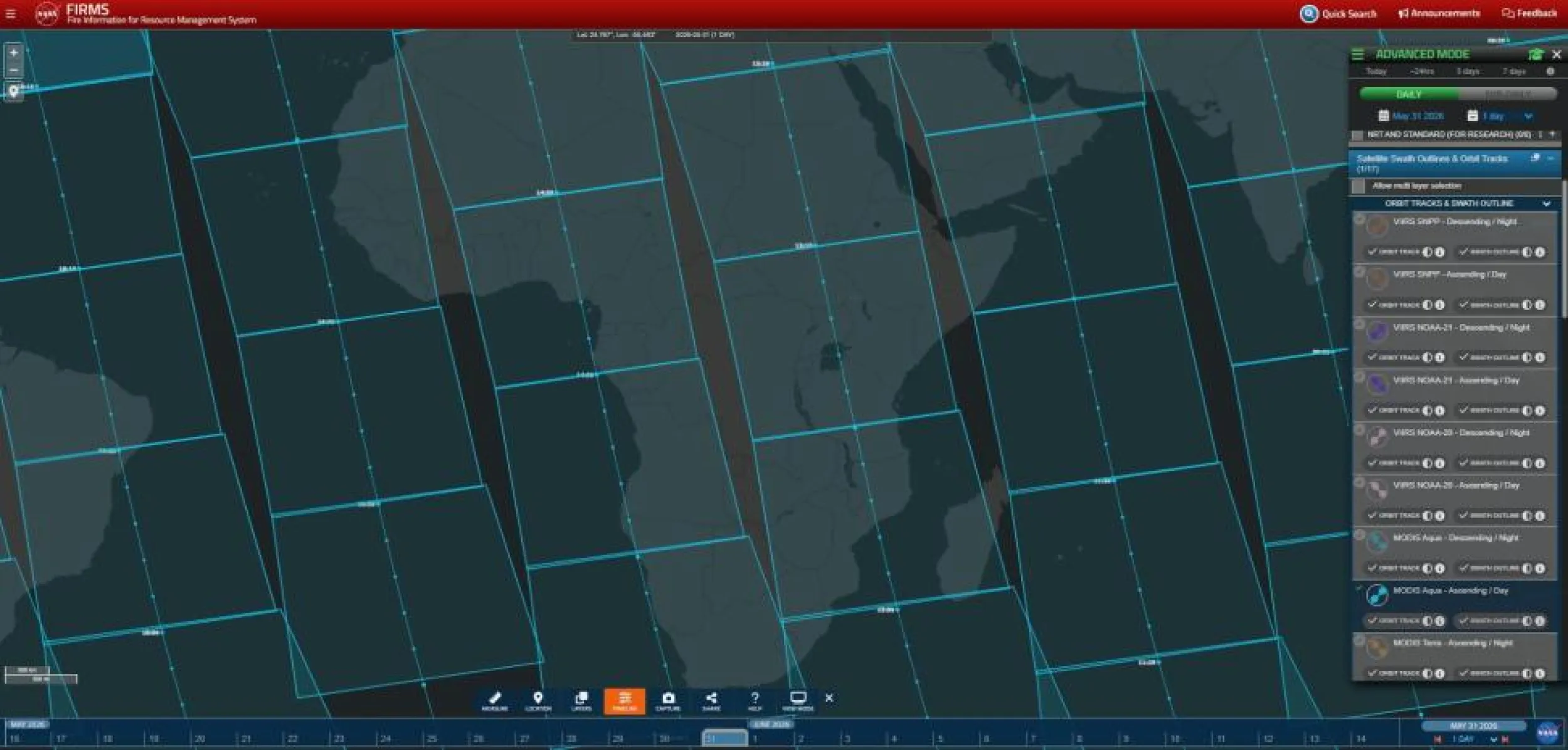 This map on the NASA FIRMS interface shows swath outlines and orbit tracks for the MODIS instrument aboard NASA’s Aqua satellite during daytime observations on May 31, 2026.
