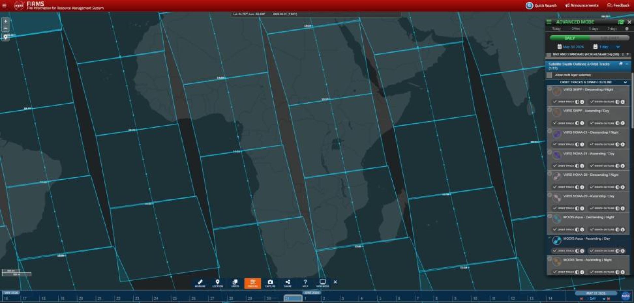 This map on the NASA FIRMS interface shows swath outlines and orbit tracks for the MODIS instrument aboard NASA’s Aqua satellite during daytime observations on May 31, 2026.