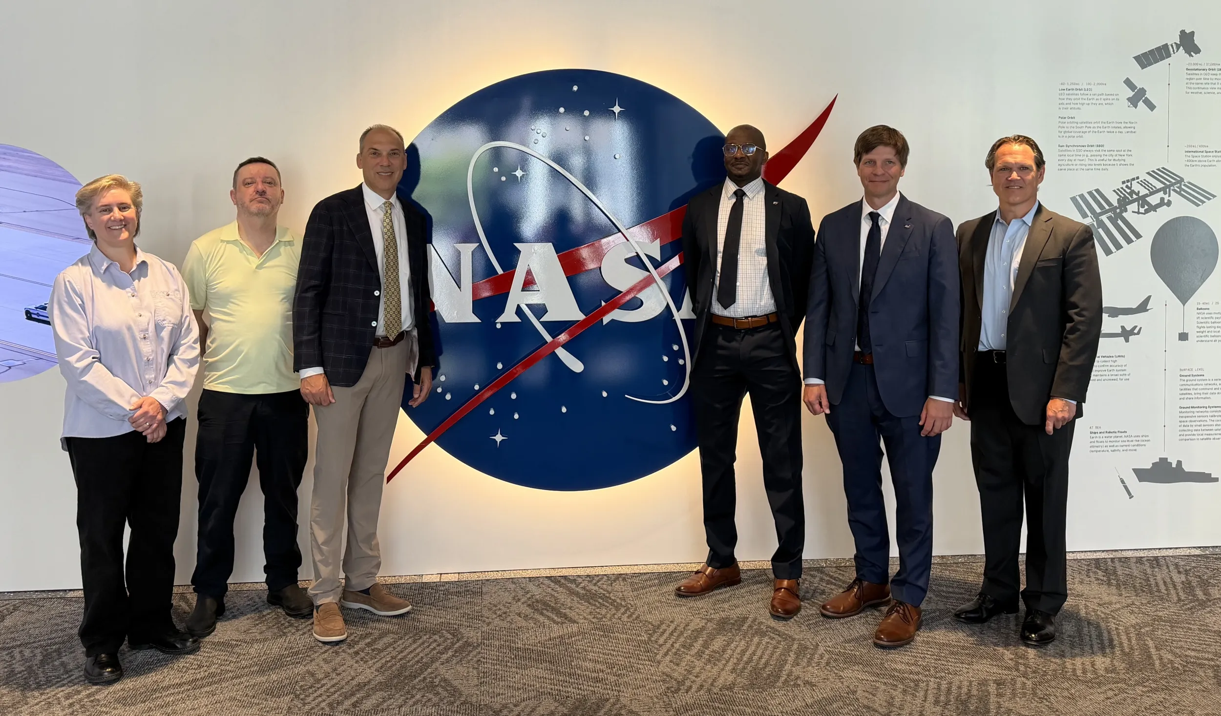 Key personnel in the NASA-AWS open data collaboration. From left to right: Chris Stoner (AWS Open Environmental and Geospatial Data Lead), Doug Newman (NASA ESDIS Science Data Systems Lead), Dave Appel (AWS Vice President of Global Government), Andrew Mitchell (NASA Deputy Chief Science Data Officer), Kevin Murphy (NASA Chief Science Data Officer/Acting Chief Data Officer and Chief AI Officer), and Jamie Baker (AWS Director of Global Civilian Health, Science, and Public Policy).