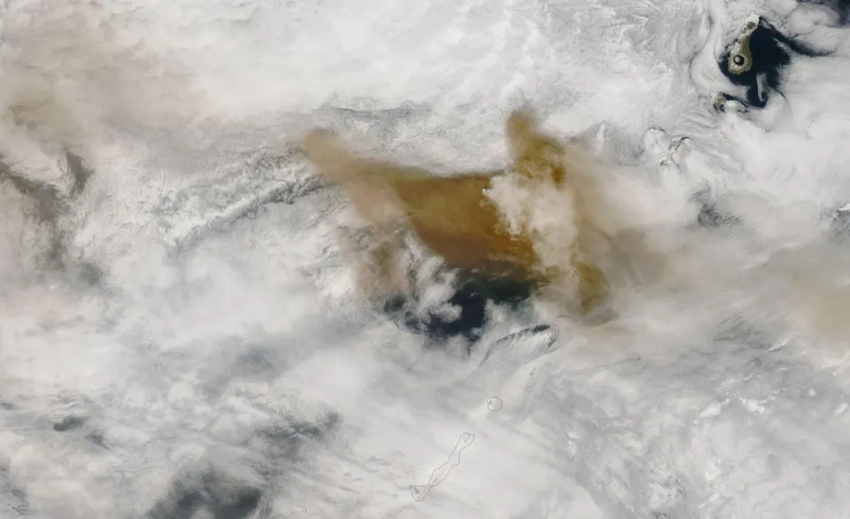 Ash plume from Sarychev Peak, Kuril Islands, as imaged by the Moderate Resolution Imaging Spectroradiometer (MODIS) sensors on NASA’s Terra satellite on June 14, 2009.
