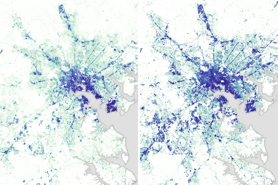 A map highlighting the increase in impervious area in the Greater Baltimore Area between 1984 and 2010.